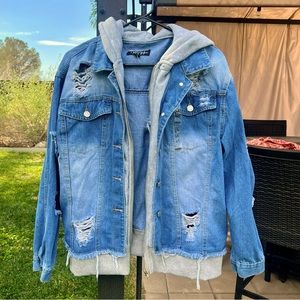 Distressed Jean Jacket with Hood - Never Worn